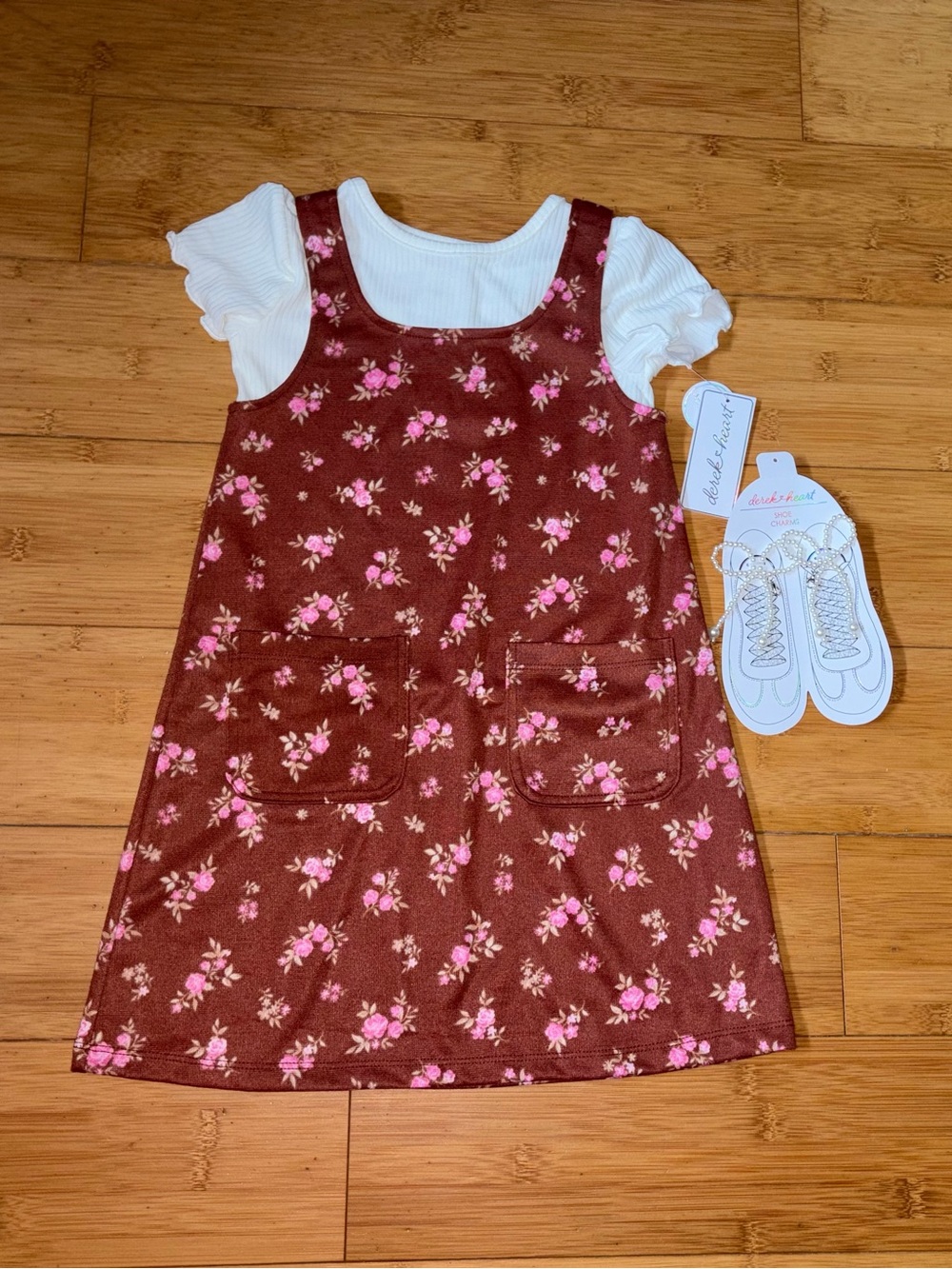 NWT Girl’s Size 5 Brown Pinafore Jumper Dress with Pink Flowers & Tee